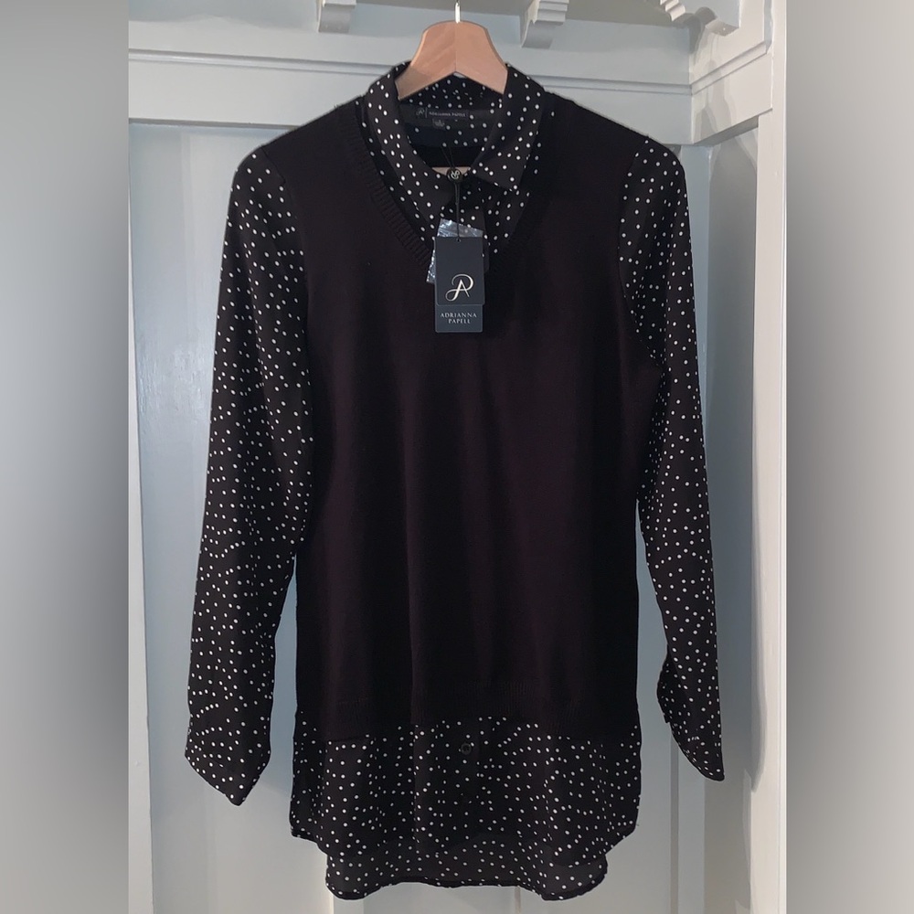 NWT Adrianna Pappell 2 in1 Polka Dot Blouse and sweater vest black and white